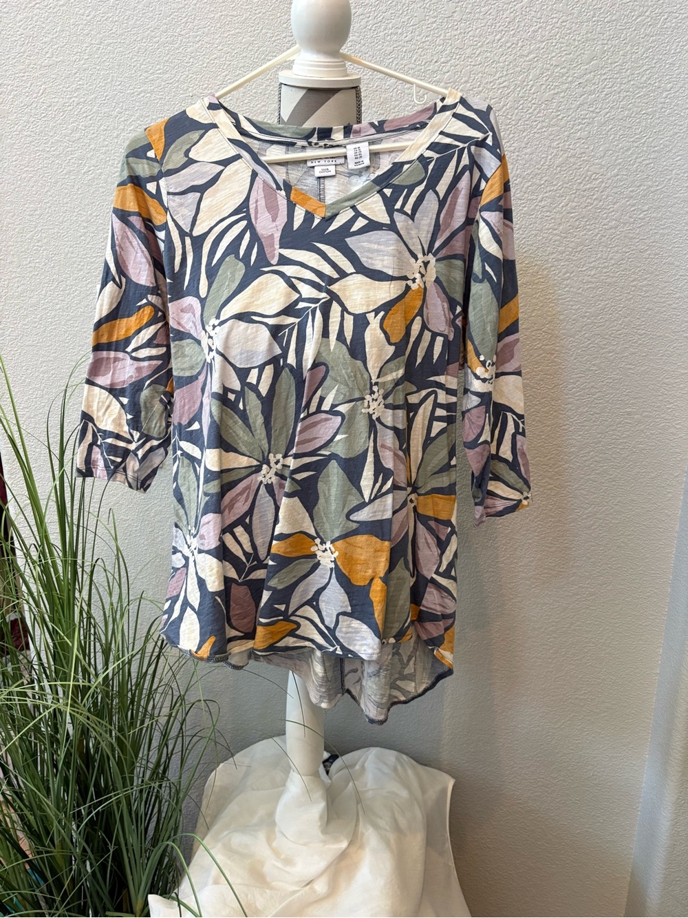 Nicole Miller Floral V-Neck Tunic Top - Yellow, Pink, Olive on Gray